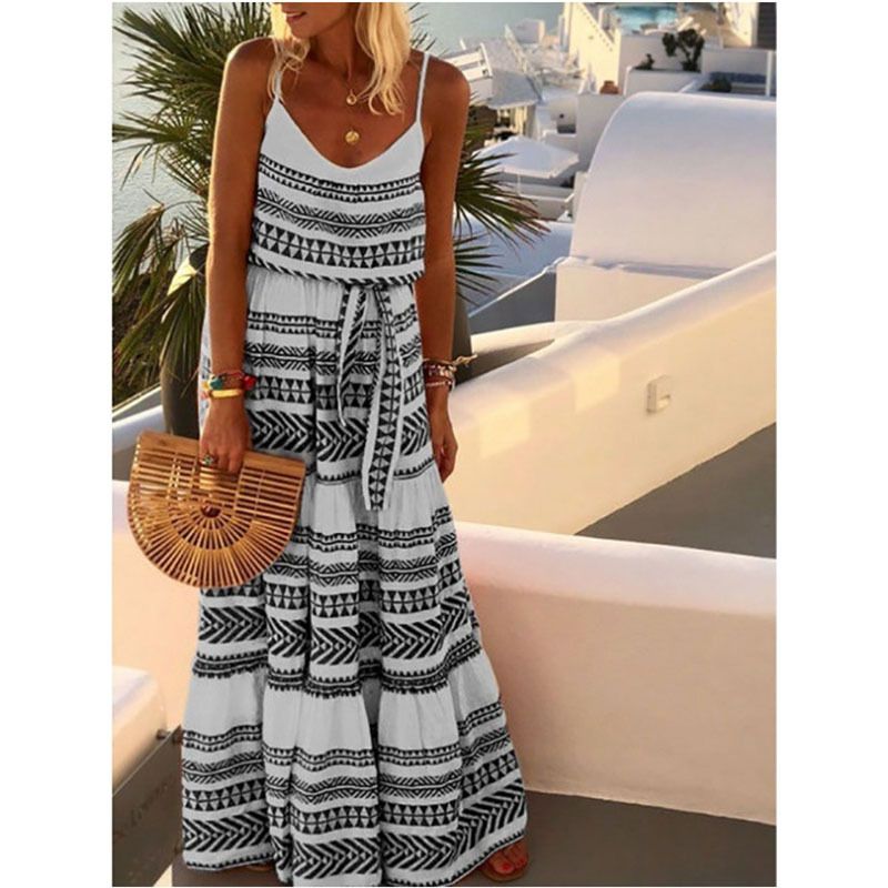 Woman Casual Beach Plus Size v Neck Spaghetti Strap Bohemian Style Dress Summer Boho Beach Dress for Women Long Beachwear Cover-Up Midi Length Sweet Style Dresses