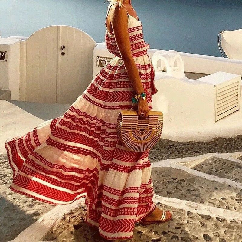 Woman Casual Beach Plus Size v Neck Spaghetti Strap Bohemian Style Dress Summer Boho Beach Dress for Women Long Beachwear Cover-Up Midi Length Sweet Style Dresses