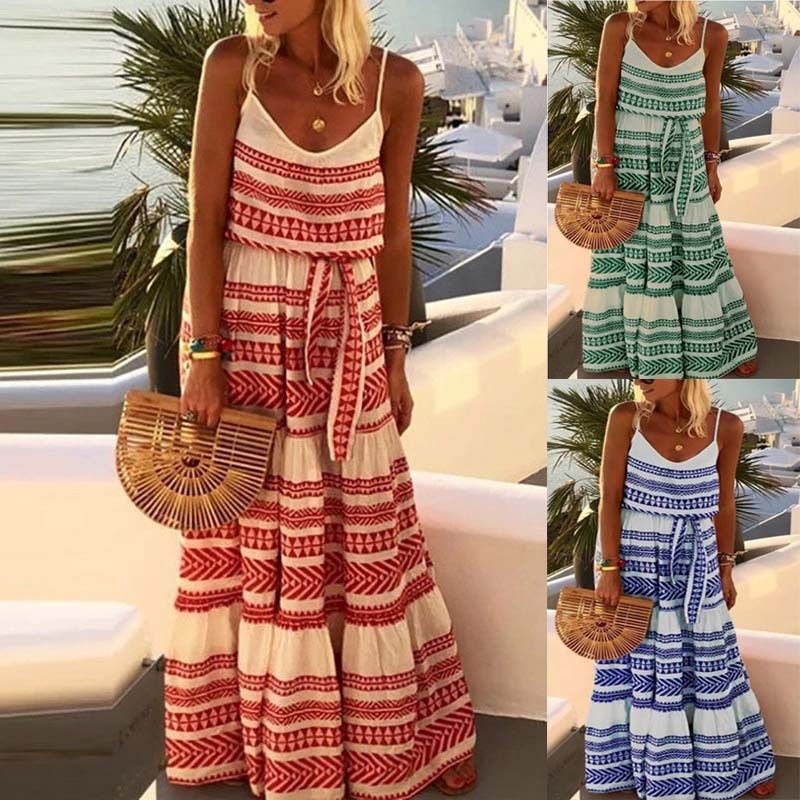 Woman Casual Beach Plus Size v Neck Spaghetti Strap Bohemian Style Dress Summer Boho Beach Dress for Women Long Beachwear Cover-Up Midi Length Sweet Style Dresses