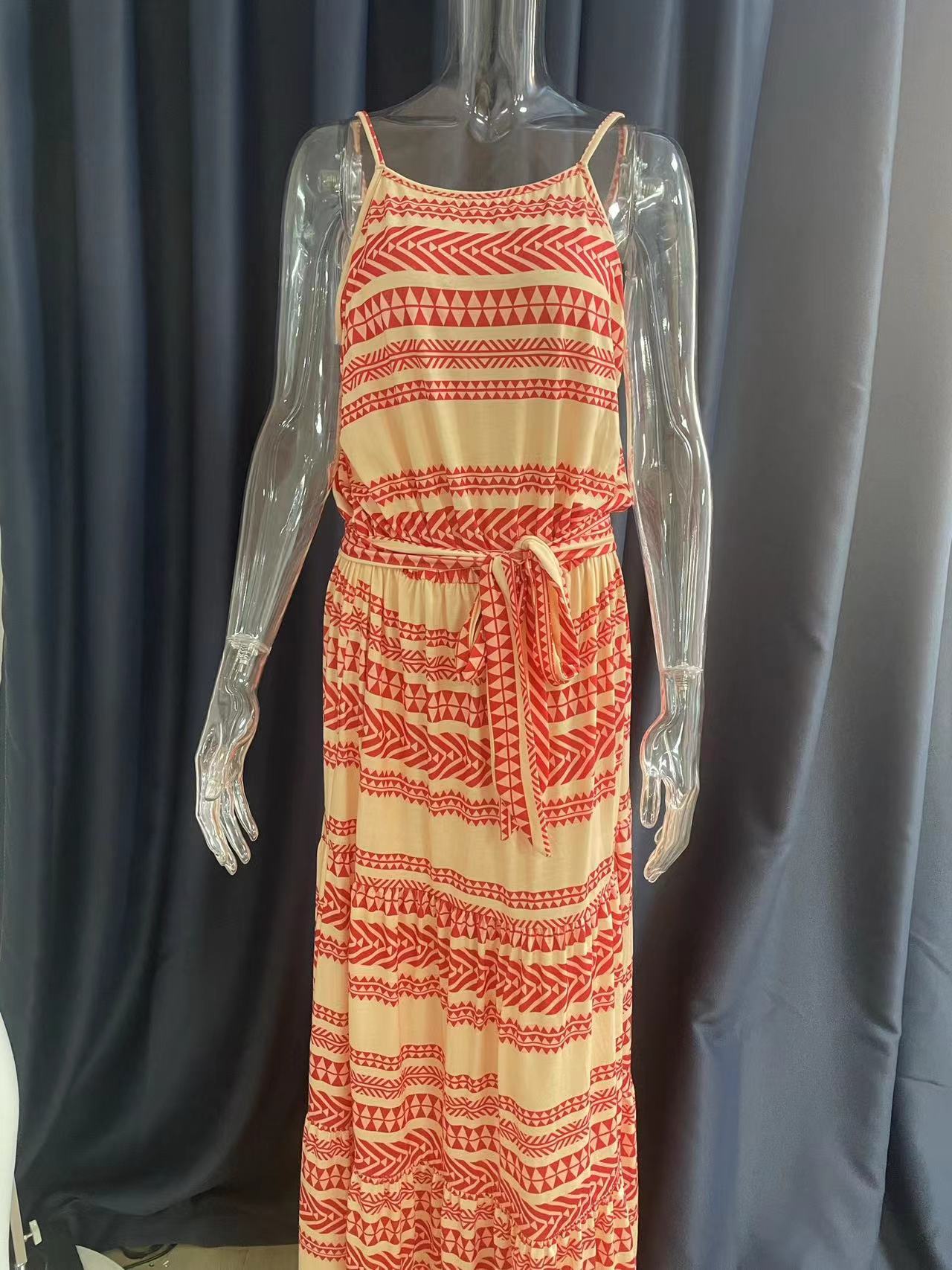 Woman Casual Beach Plus Size v Neck Spaghetti Strap Bohemian Style Dress Summer Boho Beach Dress for Women Long Beachwear Cover-Up Midi Length Sweet Style Dresses