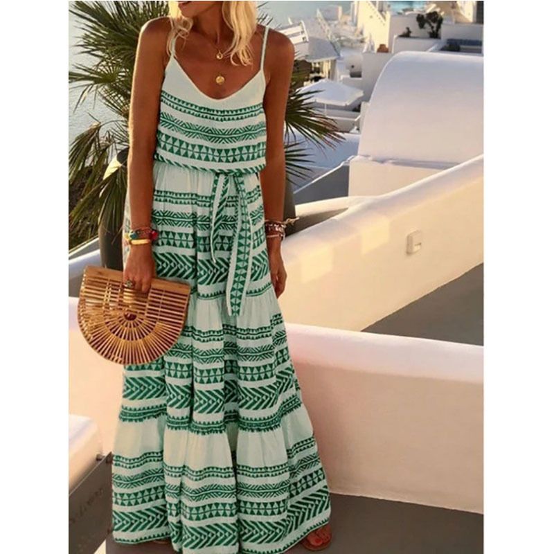 Woman Casual Beach Plus Size v Neck Spaghetti Strap Bohemian Style Dress Summer Boho Beach Dress for Women Long Beachwear Cover-Up Midi Length Sweet Style Dresses