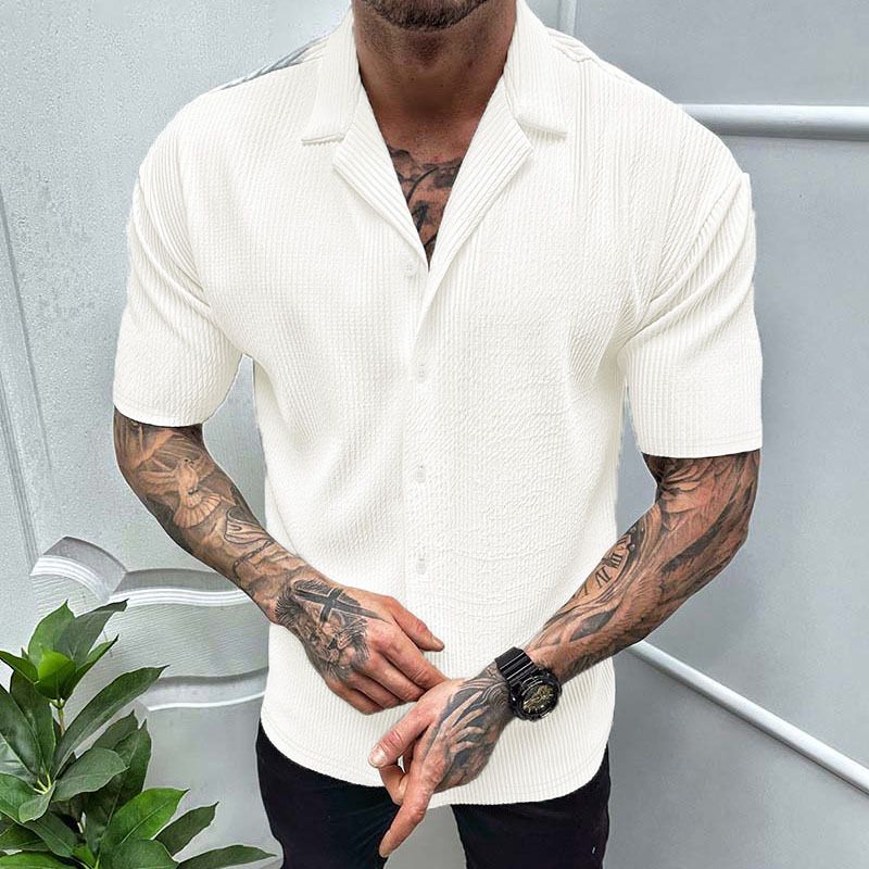 Summer Men's Casual Cardigan Top Loose Solid Color Short Sleeve Knitted Cross-Border Men t Shirt Casual Button Down Shirts for Men Cuban Collar Woven Textured Summer Beach Stretch Men Shirt