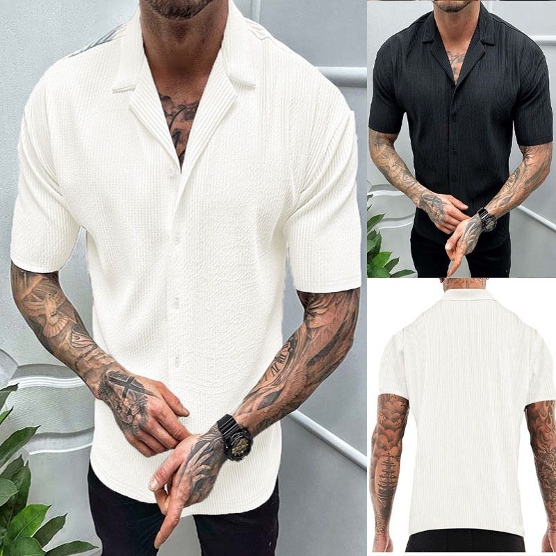 Summer Men's Casual Cardigan Top Loose Solid Color Short Sleeve Knitted Cross-Border Men t Shirt Casual Button Down Shirts for Men Cuban Collar Woven Textured Summer Beach Stretch Men Shirt