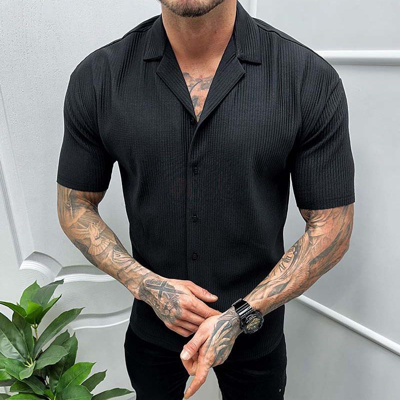 Summer Men's Casual Cardigan Top Loose Solid Color Short Sleeve Knitted Cross-Border Men t Shirt Casual Button Down Shirts for Men Cuban Collar Woven Textured Summer Beach Stretch Men Shirt