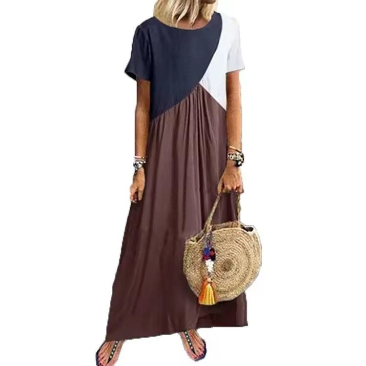 Womens Clothing Latest Design Loose Dress Summer Women Plus Size Maxi Dress Muslim Women's Summer Short Sleeve Splicing Color Loose Plus Size Women Smart Casual Dress,Woman Clothes