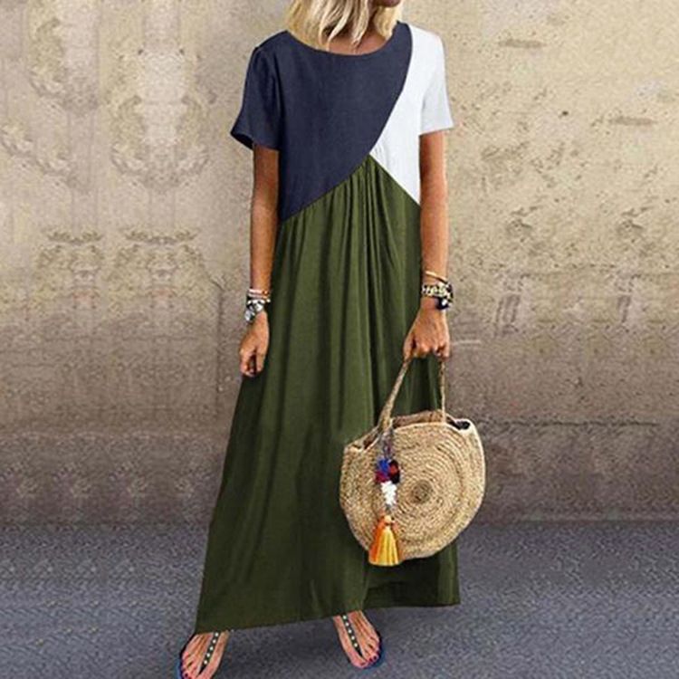 Womens Clothing Latest Design Loose Dress Summer Women Plus Size Maxi Dress Muslim Women's Summer Short Sleeve Splicing Color Loose Plus Size Women Smart Casual Dress,Woman Clothes