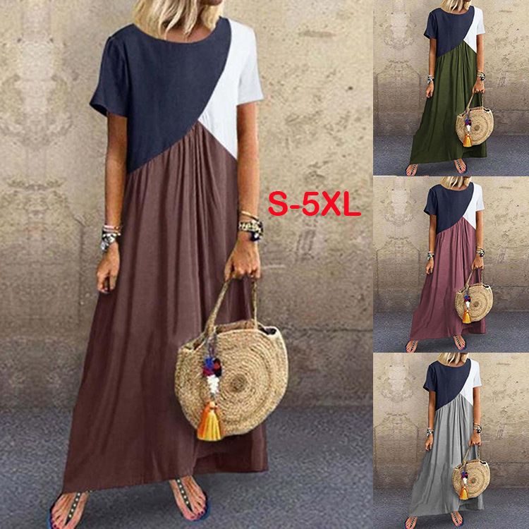 Womens Clothing Latest Design Loose Dress Summer Women Plus Size Maxi Dress Muslim Women's Summer Short Sleeve Splicing Color Loose Plus Size Women Smart Casual Dress,Woman Clothes