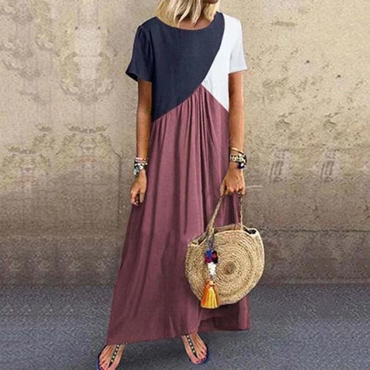 Womens Clothing Latest Design Loose Dress Summer Women Plus Size Maxi Dress Muslim Women's Summer Short Sleeve Splicing Color Loose Plus Size Women Smart Casual Dress,Woman Clothes