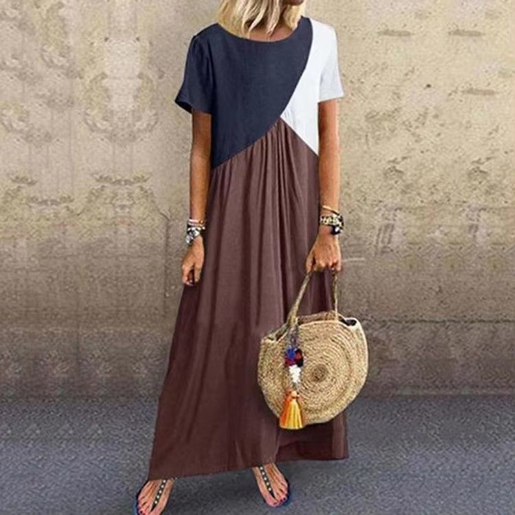 Womens Clothing Latest Design Loose Dress Summer Women Plus Size Maxi Dress Muslim Women's Summer Short Sleeve Splicing Color Loose Plus Size Women Smart Casual Dress,Woman Clothes
