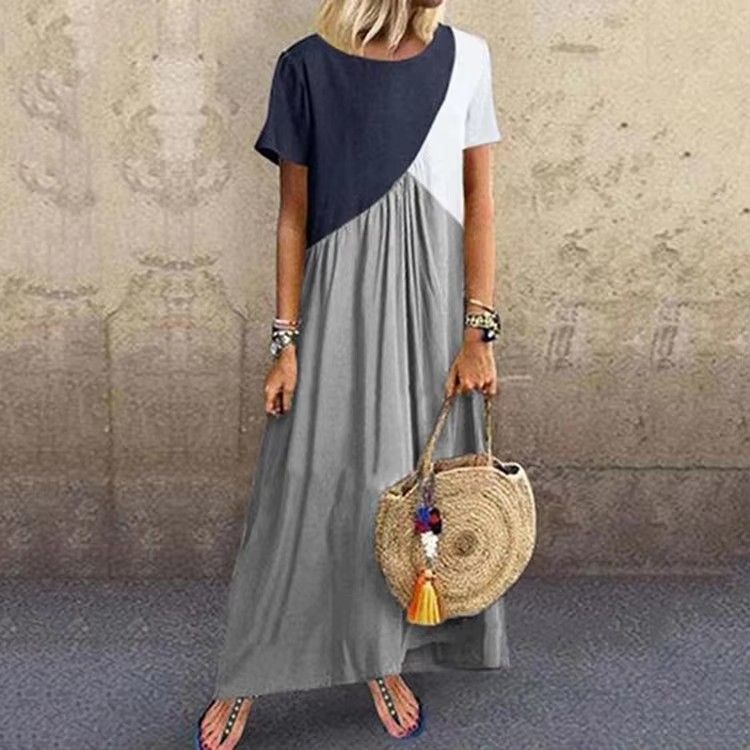 Womens Clothing Latest Design Loose Dress Summer Women Plus Size Maxi Dress Muslim Women's Summer Short Sleeve Splicing Color Loose Plus Size Women Smart Casual Dress,Woman Clothes