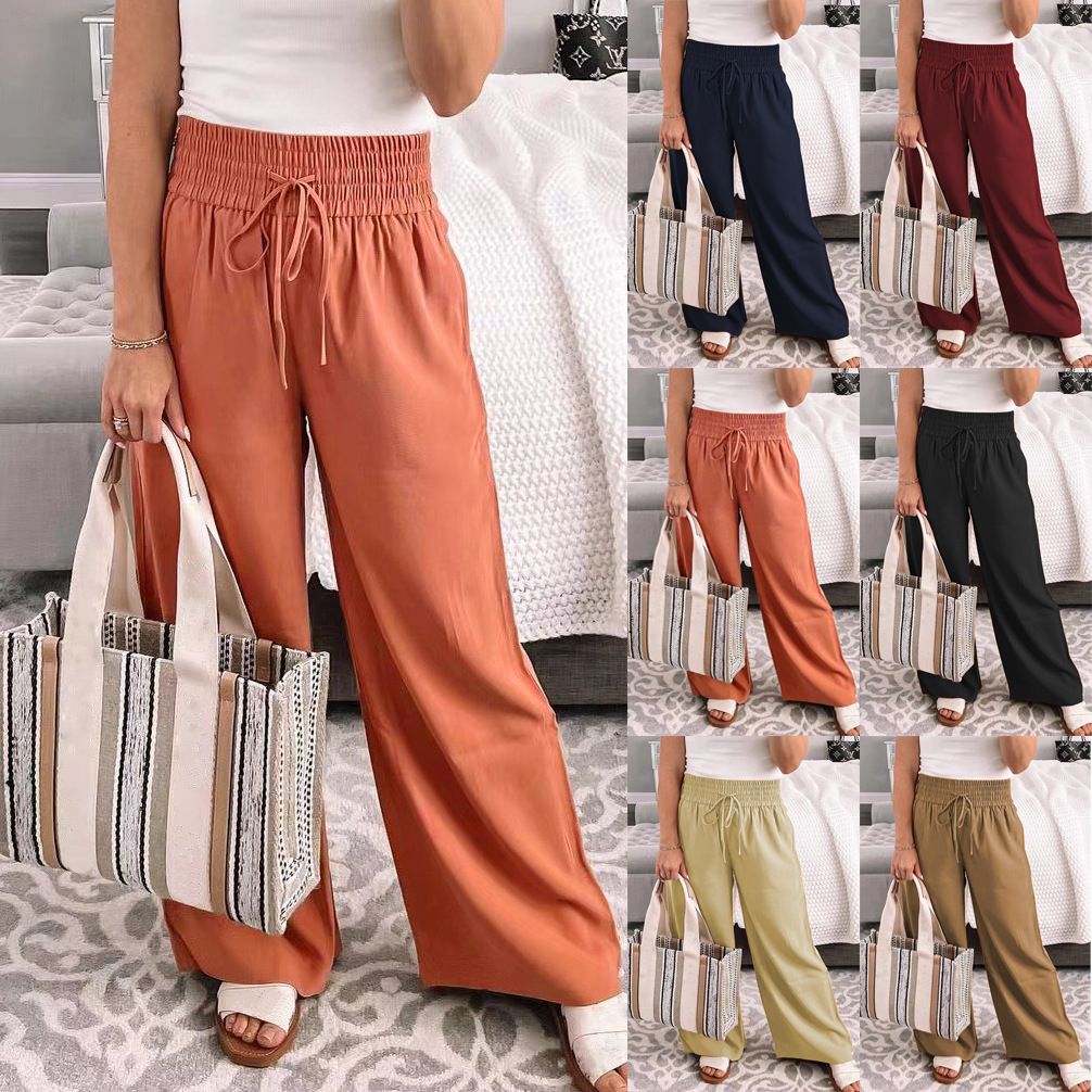 Women's Large Size Casual Pants Summer Straight Tube Mid Waist Elastic Anti-Pilling Plain Dyed Digital Lady's Comfortable Breathable Ice Silk Flat Front High Waist Wide Leg Pants,Woman Clothes