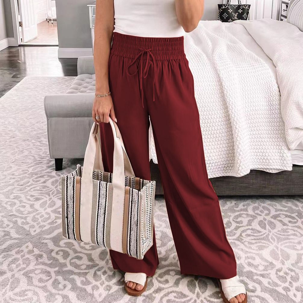Women's Large Size Casual Pants Summer Straight Tube Mid Waist Elastic Anti-Pilling Plain Dyed Digital Lady's Comfortable Breathable Ice Silk Flat Front High Waist Wide Leg Pants,Woman Clothes