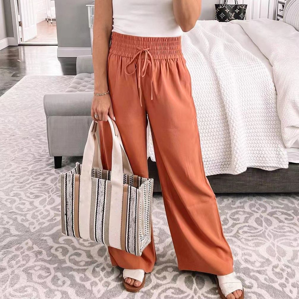 Women's Large Size Casual Pants Summer Straight Tube Mid Waist Elastic Anti-Pilling Plain Dyed Digital Lady's Comfortable Breathable Ice Silk Flat Front High Waist Wide Leg Pants,Woman Clothes