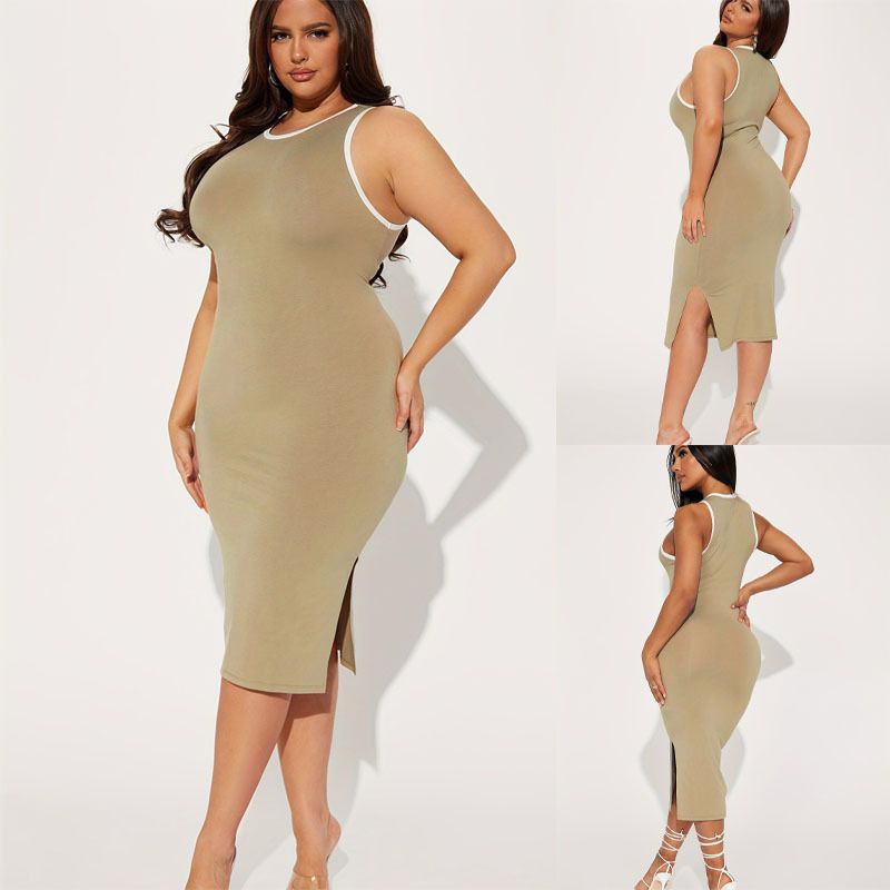 Women Sleeveless Europe Knit Back Hollow Out Bodycon Tight Summer Vest Dresses Solid Color Pencil Casual Long Dress Summer Lady Casual Beach Dresses Cross-border Party Round-neck Sleeveless Dress