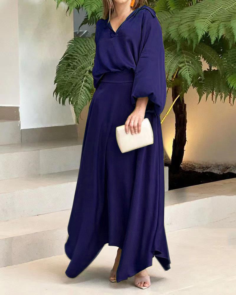 Elegant Muslim Women Long Sleeve V-Neck Loose Top and High Waist Skirts Set Abaya Dubai TurkeyOutfits Arab Clothes Women's Loose Solid Long Sleeve Top High Waist Women Skirt Sets Two Piece Outfits