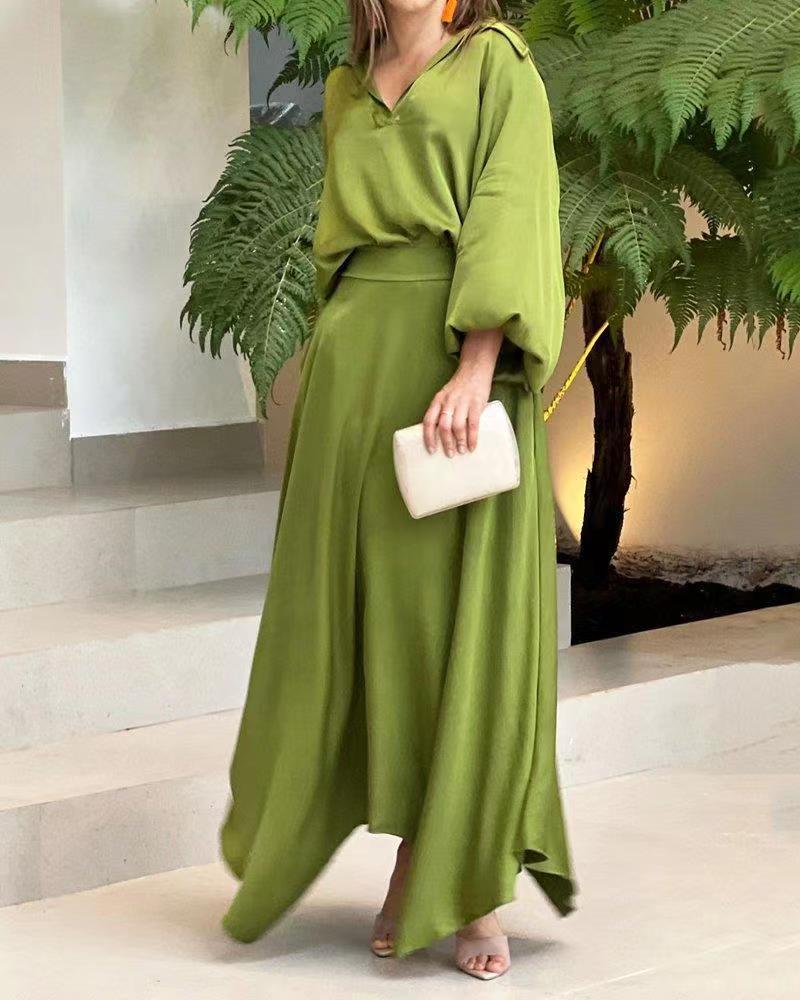 Elegant Muslim Women Long Sleeve V-Neck Loose Top and High Waist Skirts Set Abaya Dubai TurkeyOutfits Arab Clothes Women's Loose Solid Long Sleeve Top High Waist Women Skirt Sets Two Piece Outfits