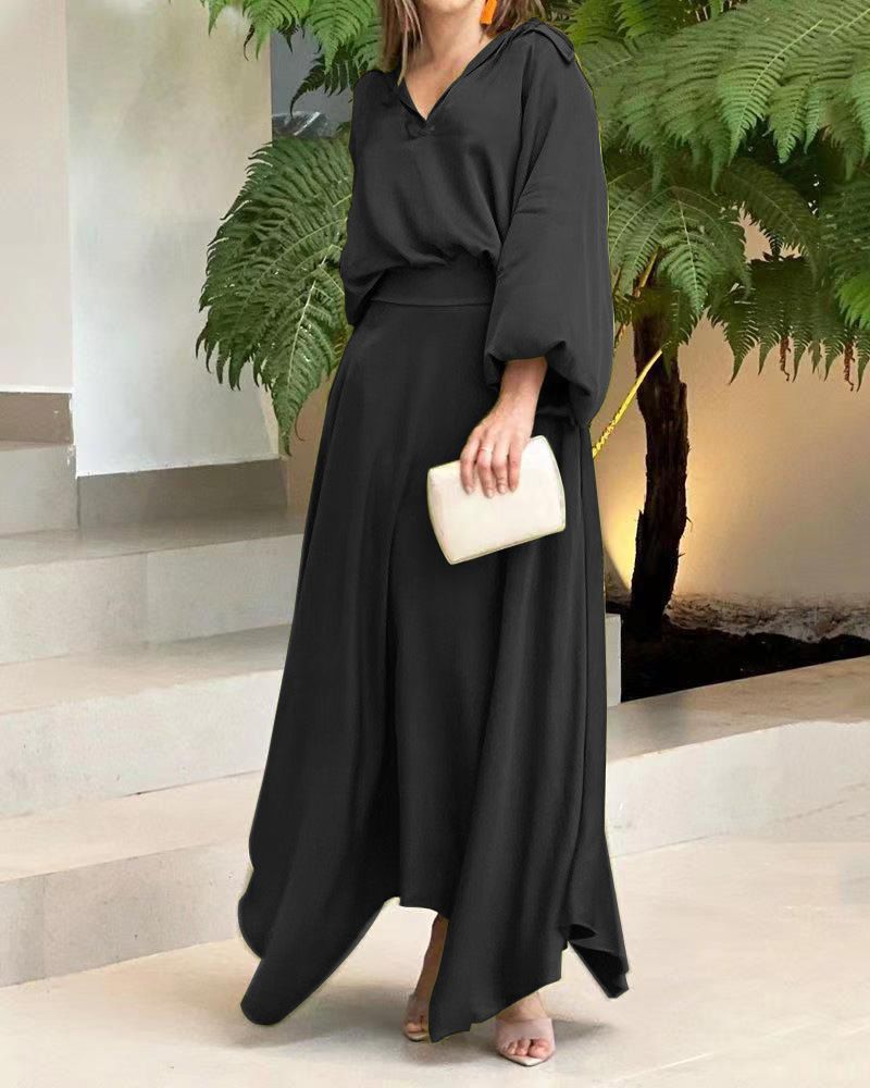 Elegant Muslim Women Long Sleeve V-Neck Loose Top and High Waist Skirts Set Abaya Dubai TurkeyOutfits Arab Clothes Women's Loose Solid Long Sleeve Top High Waist Women Skirt Sets Two Piece Outfits