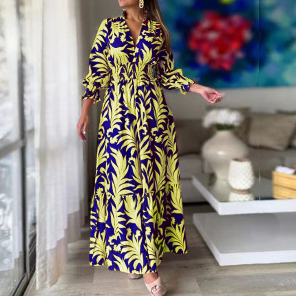 Women Clothing Print V Neck Loose Tied Waist Womens Night Dresses Maxi Lady Elegant Dresses Casual Long Dress Printed Long Sleeve Large Hem Elegant Women's Dress