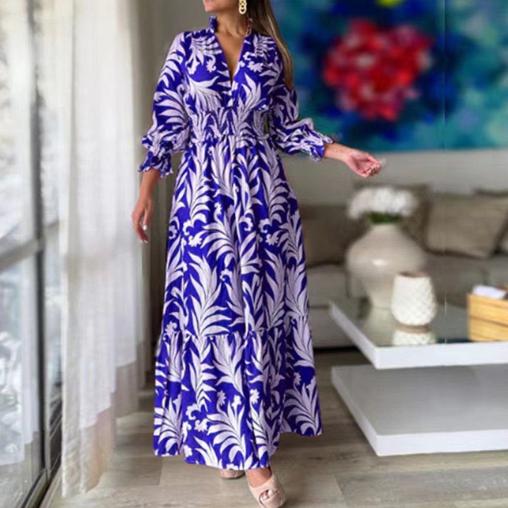 Women Clothing Print V Neck Loose Tied Waist Womens Night Dresses Maxi Lady Elegant Dresses Casual Long Dress Printed Long Sleeve Large Hem Elegant Women's Dress