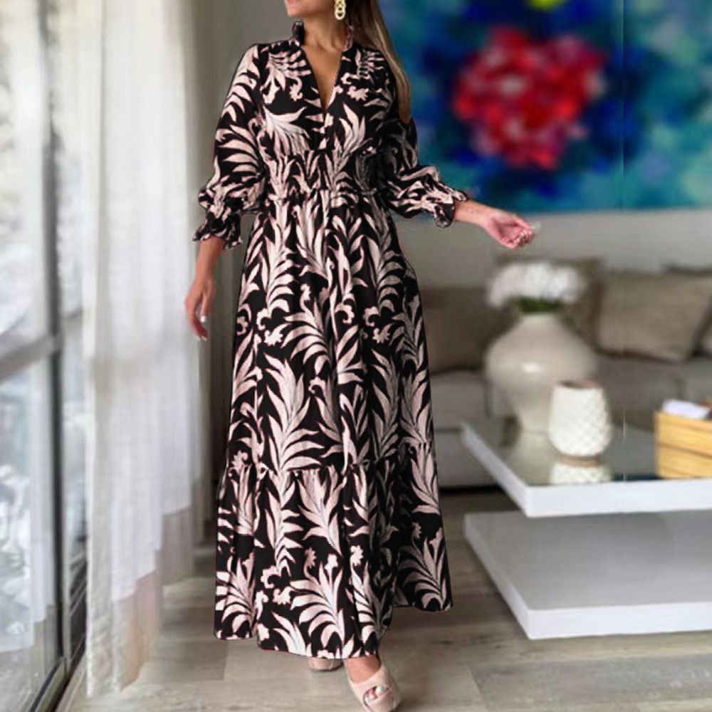 Women Clothing Print V Neck Loose Tied Waist Womens Night Dresses Maxi Lady Elegant Dresses Casual Long Dress Printed Long Sleeve Large Hem Elegant Women's Dress