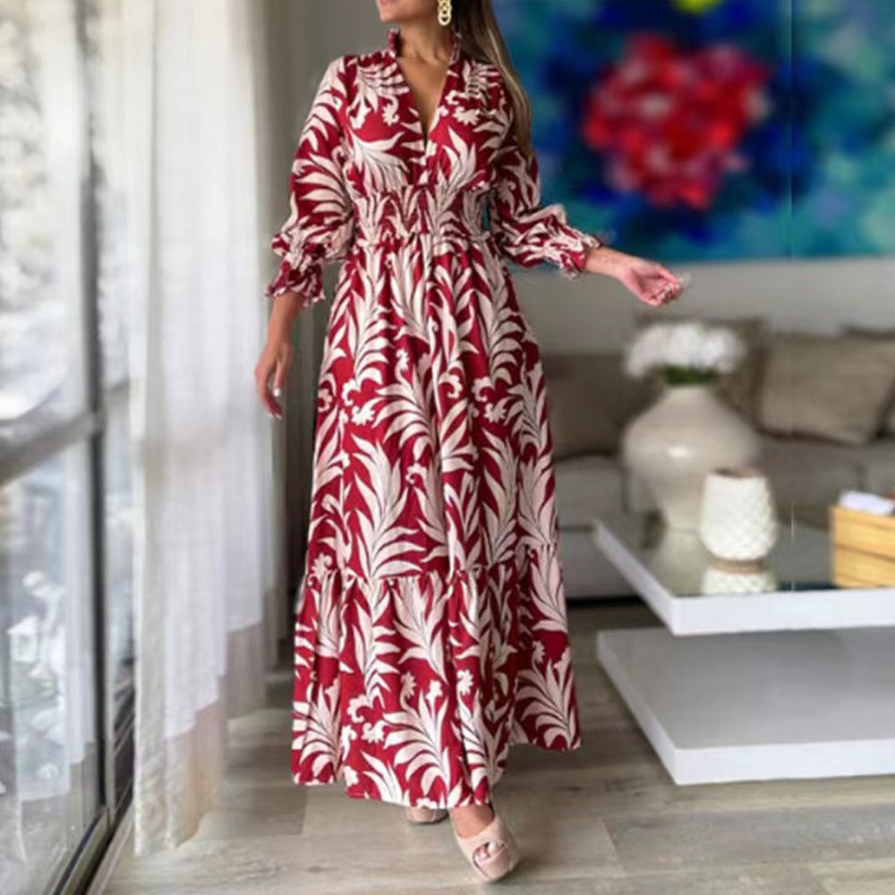 Women Clothing Print V Neck Loose Tied Waist Womens Night Dresses Maxi Lady Elegant Dresses Casual Long Dress Printed Long Sleeve Large Hem Elegant Women's Dress