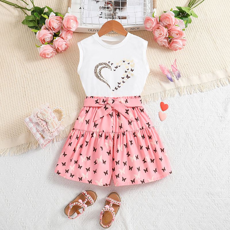 Children Girls Clothing Set Summer Bowknot Sleeveless Cotton Two Piece Suit Kids Clothes Girls Bow T-shirt + Printed Shorts Two Sets of Pantsuits Casual Outfit Baby Clothes Sets