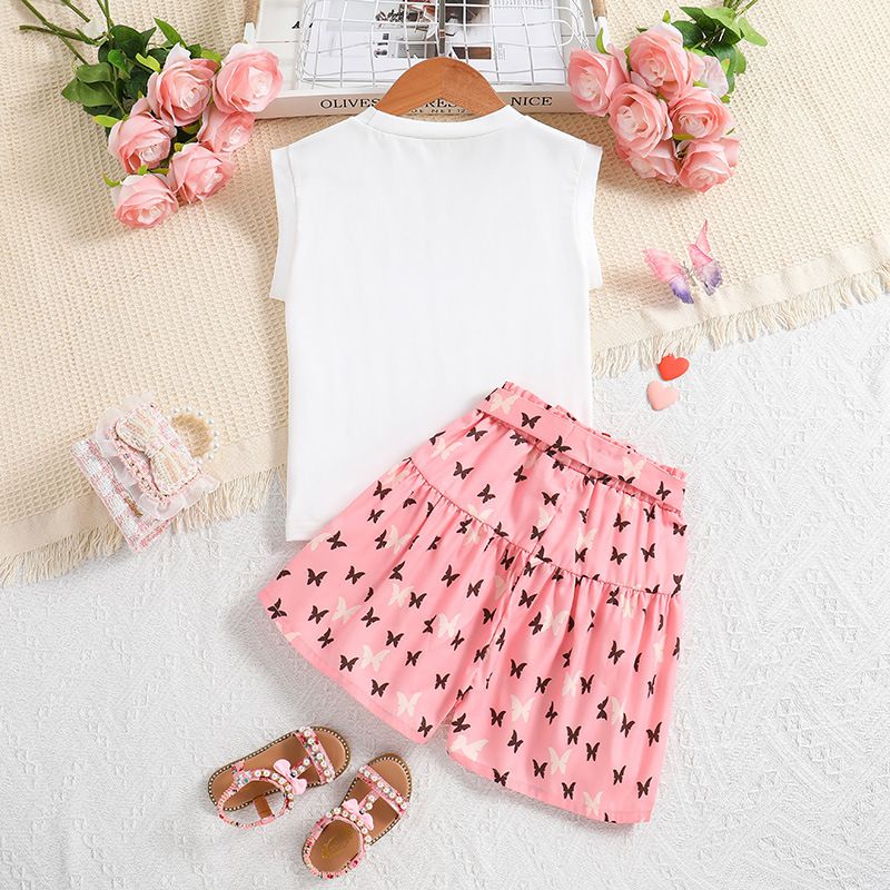 Children Girls Clothing Set Summer Bowknot Sleeveless Cotton Two Piece Suit Kids Clothes Girls Bow T-shirt + Printed Shorts Two Sets of Pantsuits Casual Outfit Baby Clothes Sets
