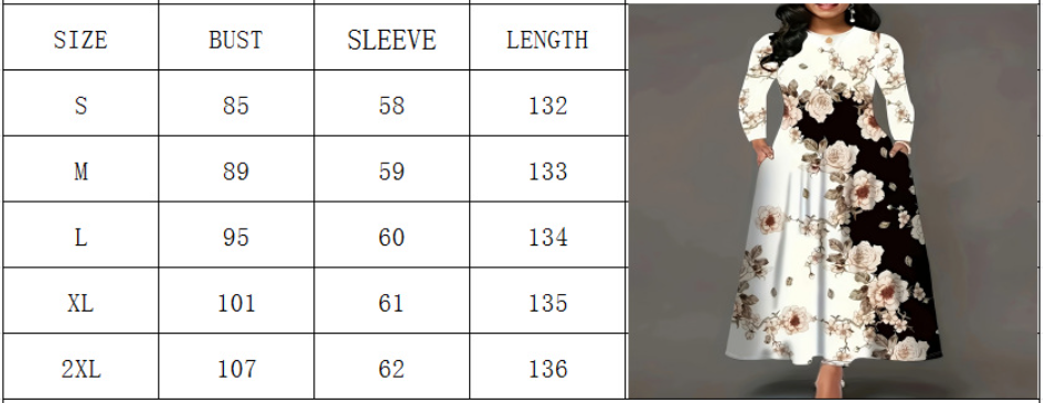 European-Style Plus-Size Women's Dress Breathable Polyester Long-Sleeve Elegant Casual Digital Print High-Waisted Slim-Fit Side Long Women Dress
