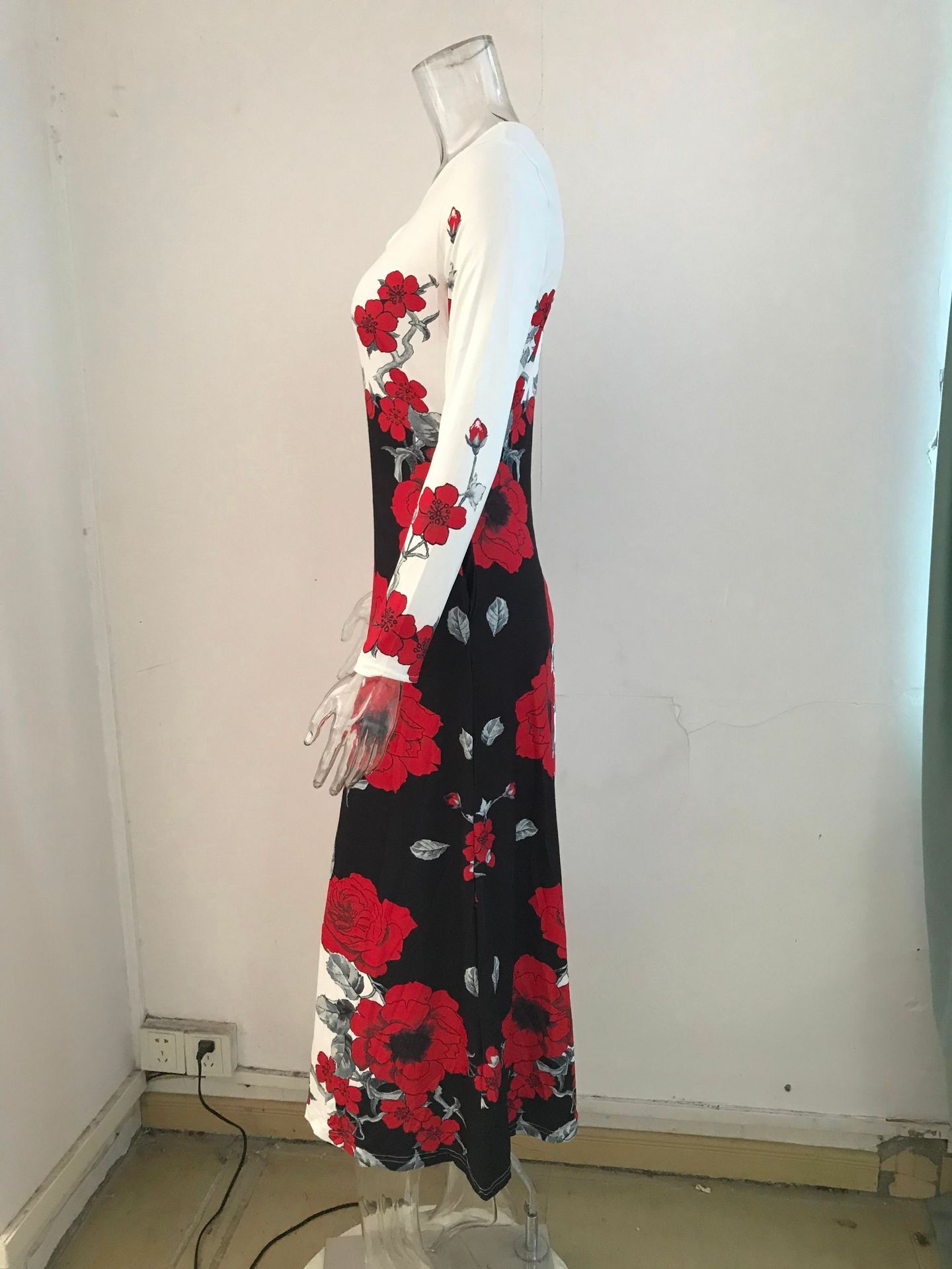 European-Style Plus-Size Women's Dress Breathable Polyester Long-Sleeve Elegant Casual Digital Print High-Waisted Slim-Fit Side Long Women Dress