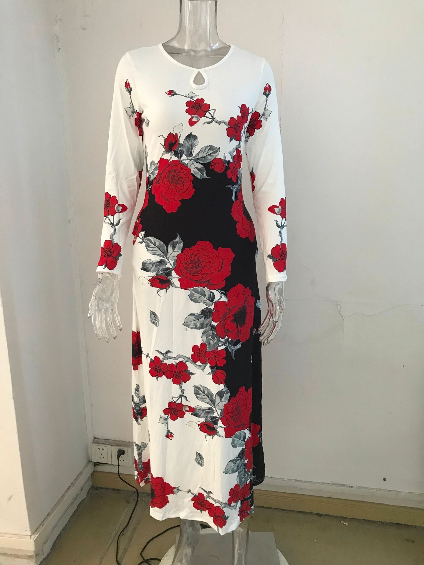 European-Style Plus-Size Women's Dress Breathable Polyester Long-Sleeve Elegant Casual Digital Print High-Waisted Slim-Fit Side Long Women Dress