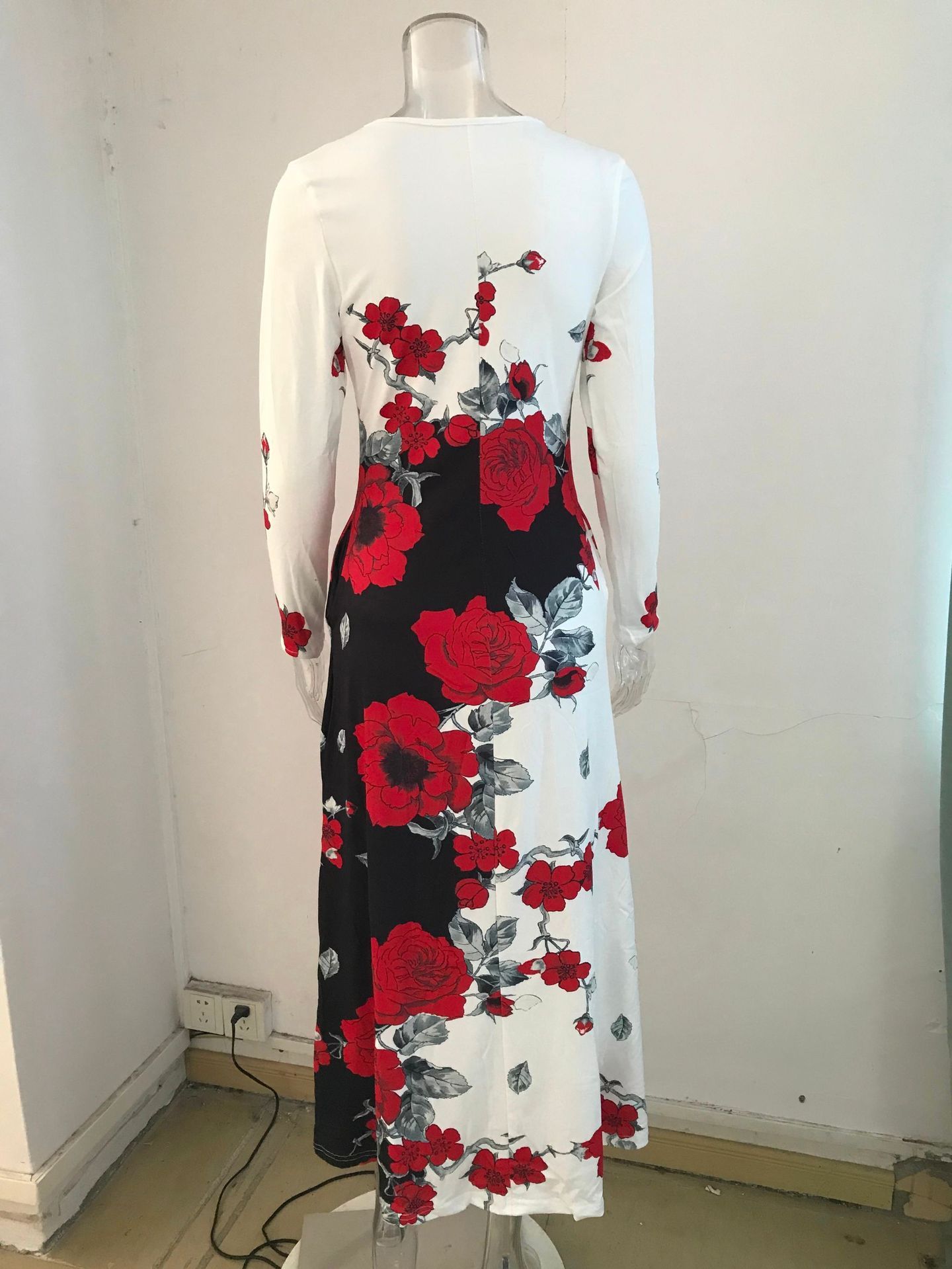 European-Style Plus-Size Women's Dress Breathable Polyester Long-Sleeve Elegant Casual Digital Print High-Waisted Slim-Fit Side Long Women Dress