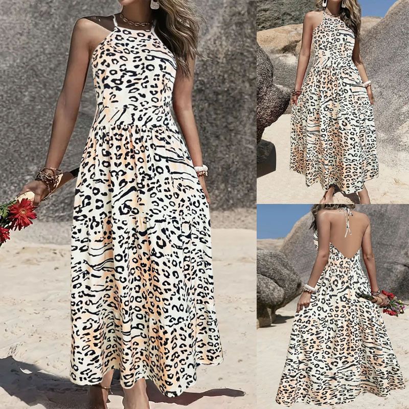 Women's Leopard Print Halter Maxi Dress, Belted Waist, Flowy A-Line Summer Dress,Casual Printed Halter Backless Vintage Beach Bohemian Women Maxi Casual Dress