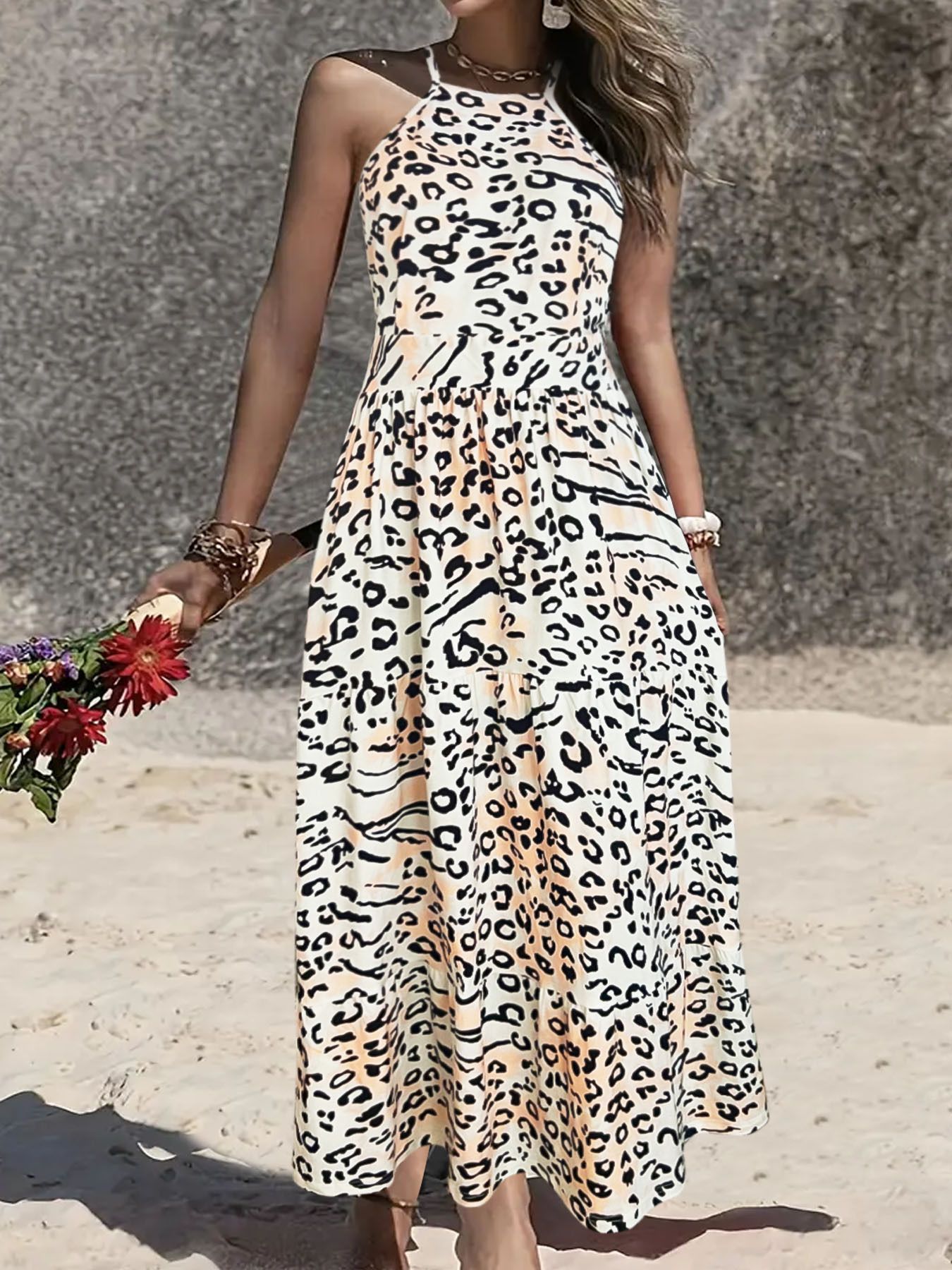 Women's Leopard Print Halter Maxi Dress, Belted Waist, Flowy A-Line Summer Dress,Casual Printed Halter Backless Vintage Beach Bohemian Women Maxi Casual Dress