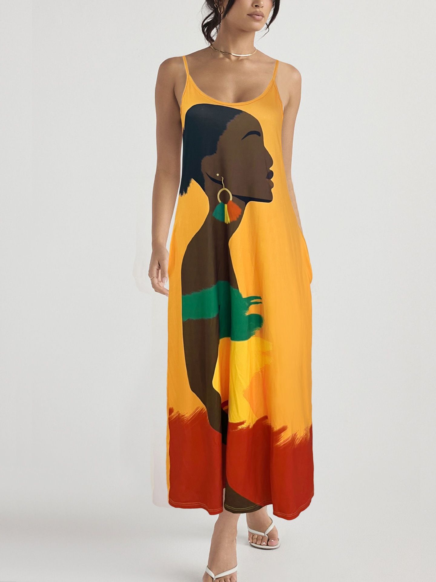 New Design Plus Size Digital Printing Fashion Floor-Length Sling Dress High Waist Style Commuting V-neck Women's Elegant Long Dresses, Women Lady Elegant Dresses,Woman Clothes