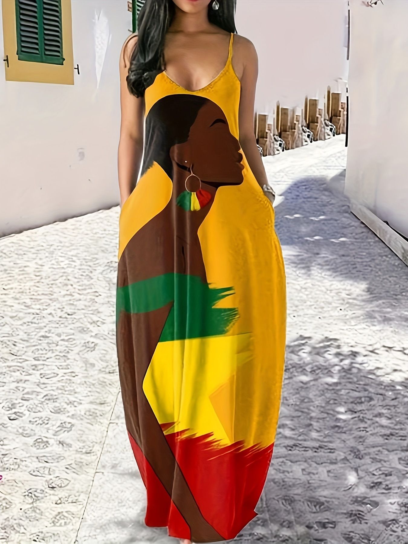 New Design Plus Size Digital Printing Fashion Floor-Length Sling Dress High Waist Style Commuting V-neck Women's Elegant Long Dresses, Women Lady Elegant Dresses,Woman Clothes