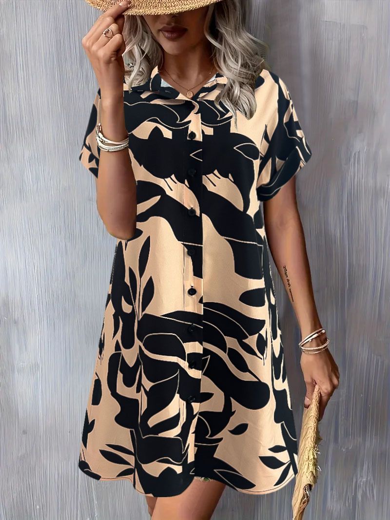 Women's Clothes Lady Elegant Dresses Women Casual Beach Holiday Floral Print Cardigan Short Sleeve Shirt Dress,Women's Summer Floral-Printed Chiffon Dress With Short Sleeves Dress