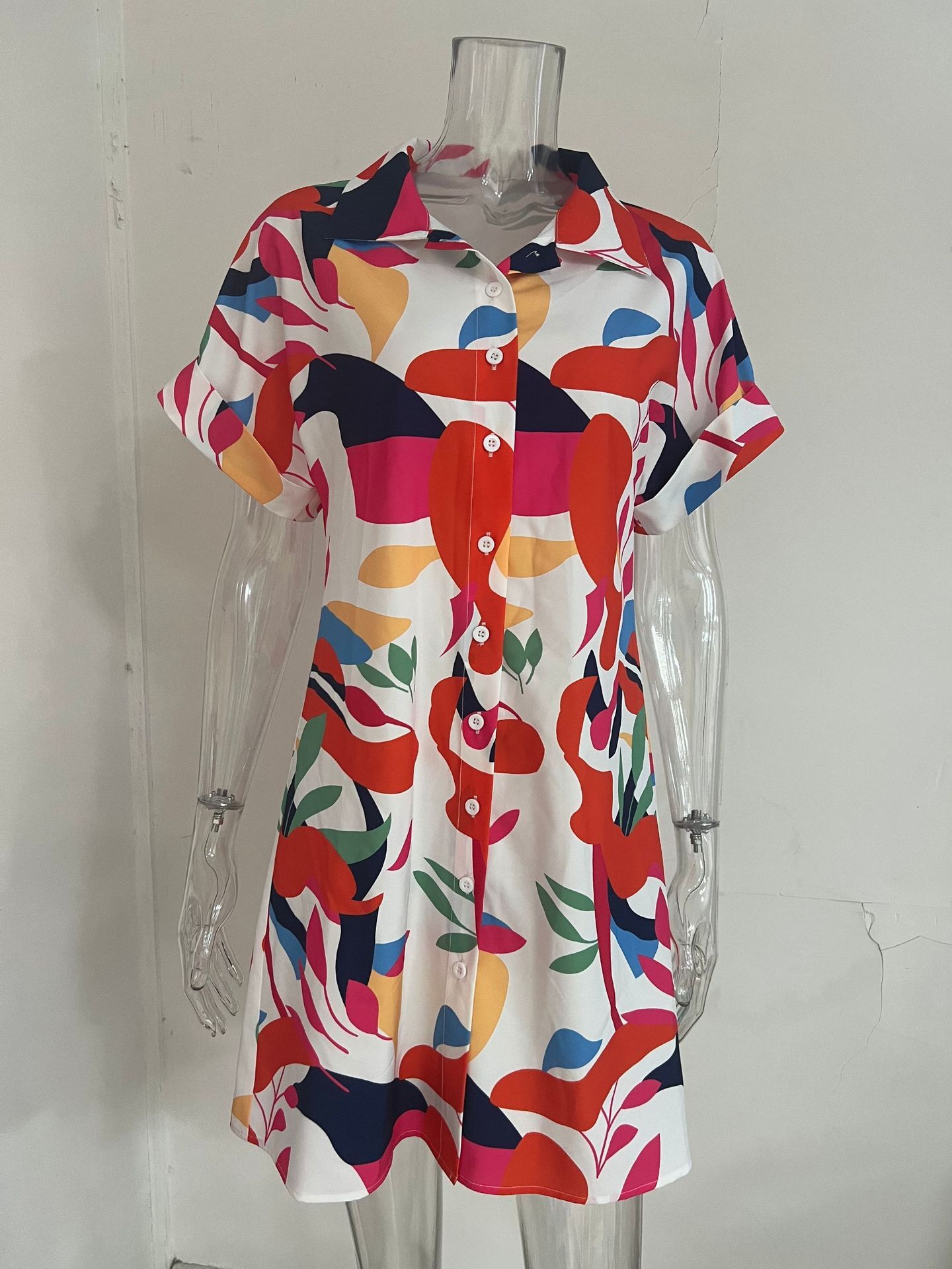 Women's Clothes Lady Elegant Dresses Women Casual Beach Holiday Floral Print Cardigan Short Sleeve Shirt Dress,Women's Summer Floral-Printed Chiffon Dress With Short Sleeves Dress