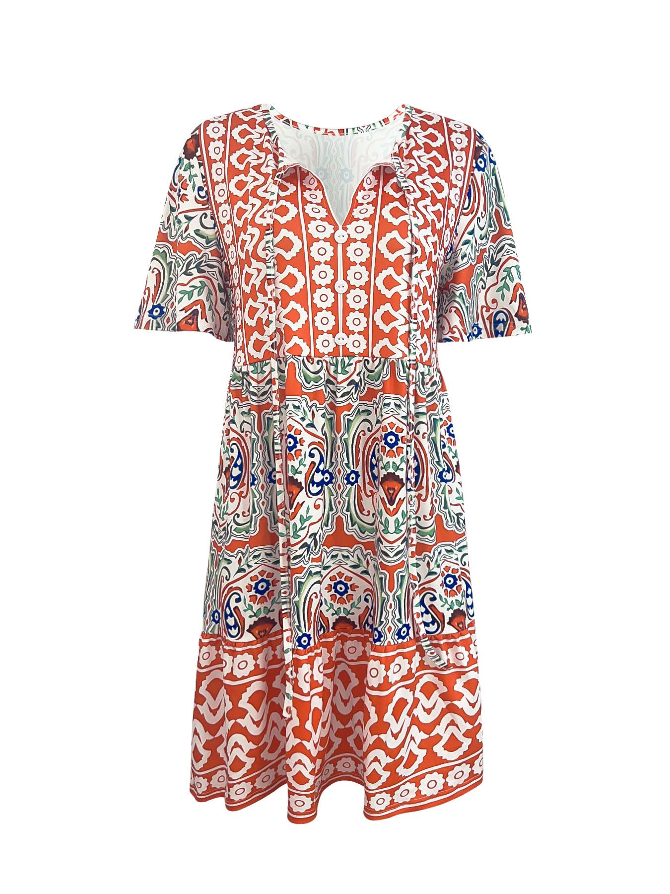 Summer Women's Dresses Fashion Office Lady Dress V-neck Printed Casual Vacation Vestidos Vintage Elegant Female's Vestido,Bohemian Print Tie Neck Ruffle Hem Women Short Dress