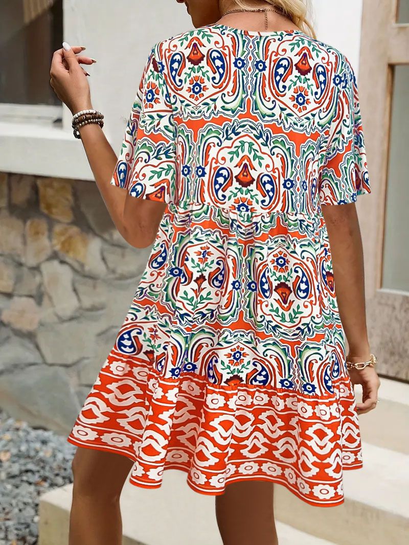 Summer Women's Dresses Fashion Office Lady Dress V-neck Printed Casual Vacation Vestidos Vintage Elegant Female's Vestido,Bohemian Print Tie Neck Ruffle Hem Women Short Dress