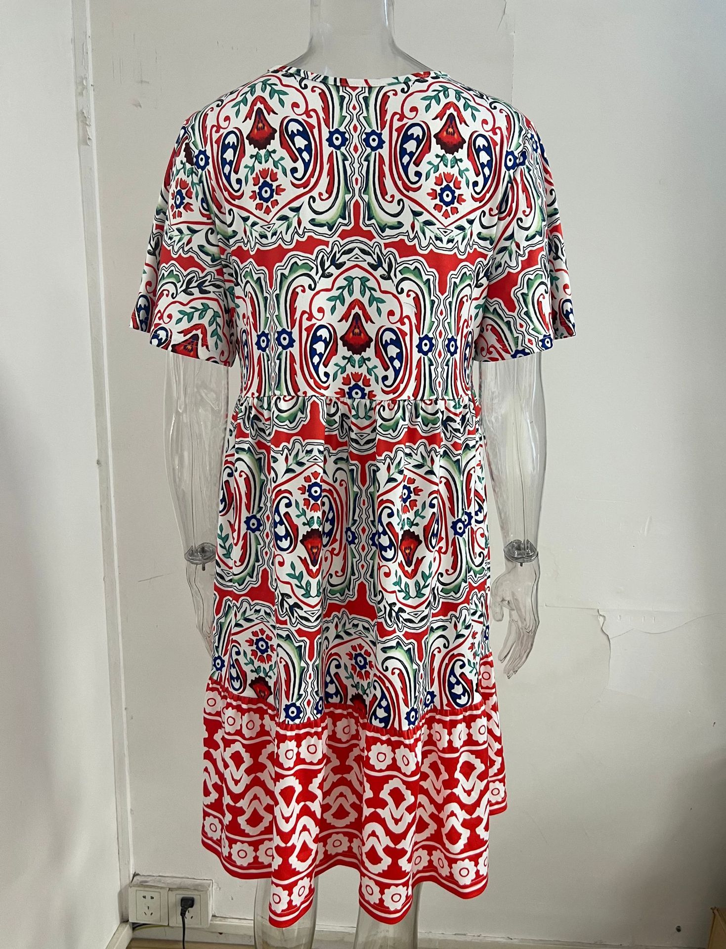 Summer Women's Dresses Fashion Office Lady Dress V-neck Printed Casual Vacation Vestidos Vintage Elegant Female's Vestido,Bohemian Print Tie Neck Ruffle Hem Women Short Dress