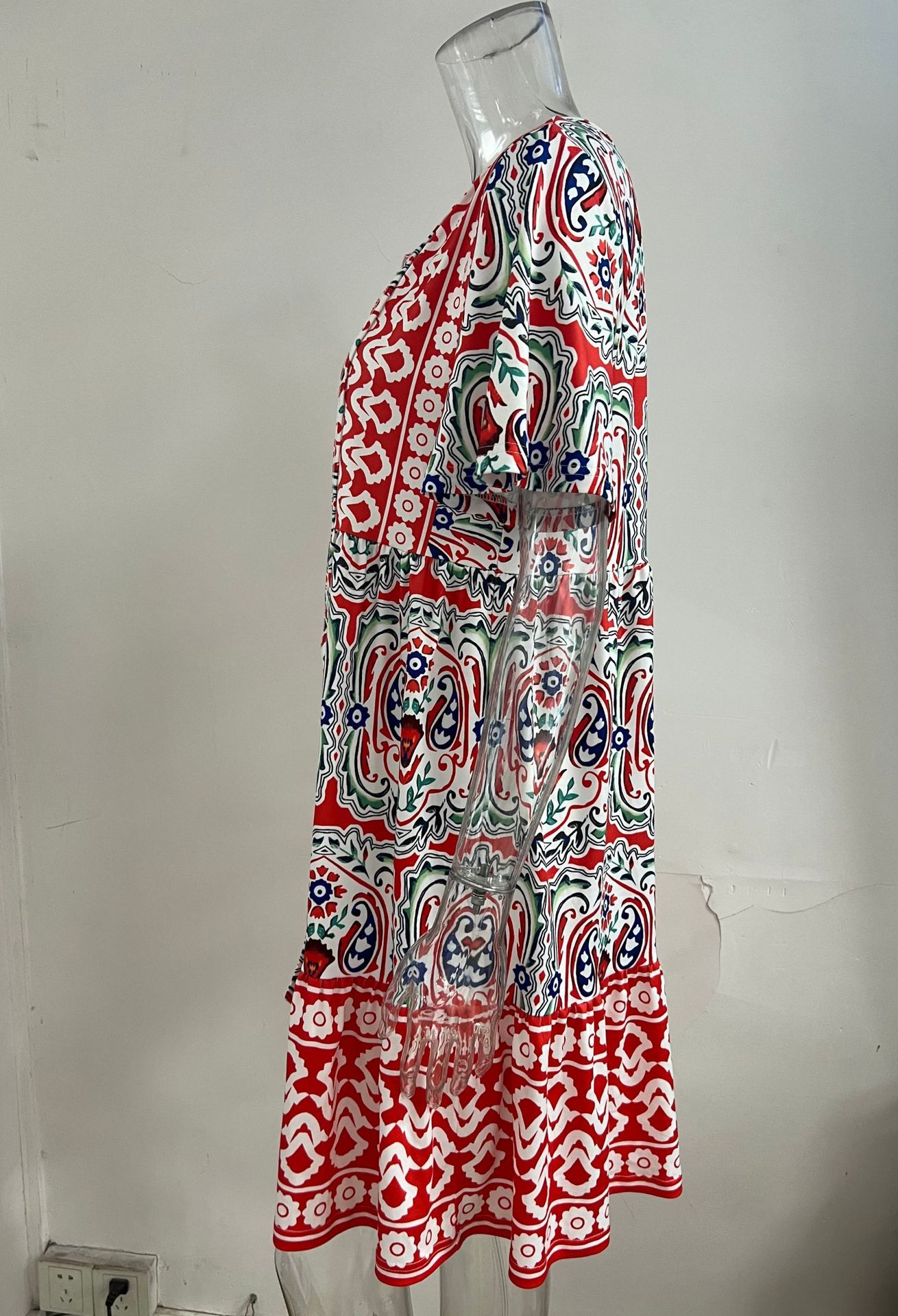 Summer Women's Dresses Fashion Office Lady Dress V-neck Printed Casual Vacation Vestidos Vintage Elegant Female's Vestido,Bohemian Print Tie Neck Ruffle Hem Women Short Dress