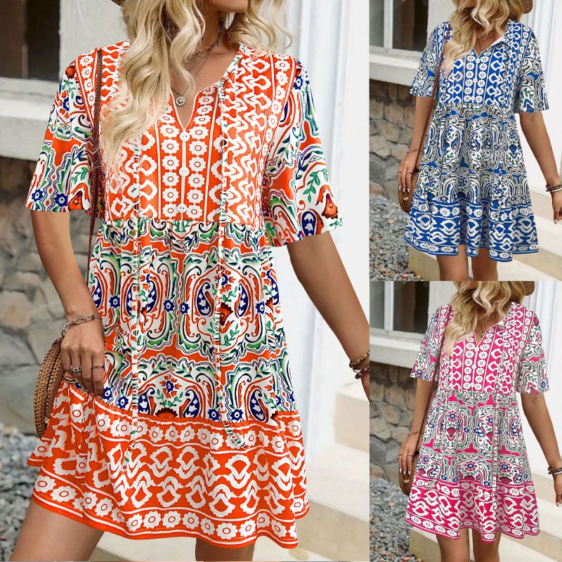 Summer Women's Dresses Fashion Office Lady Dress V-neck Printed Casual Vacation Vestidos Vintage Elegant Female's Vestido,Bohemian Print Tie Neck Ruffle Hem Women Short Dress