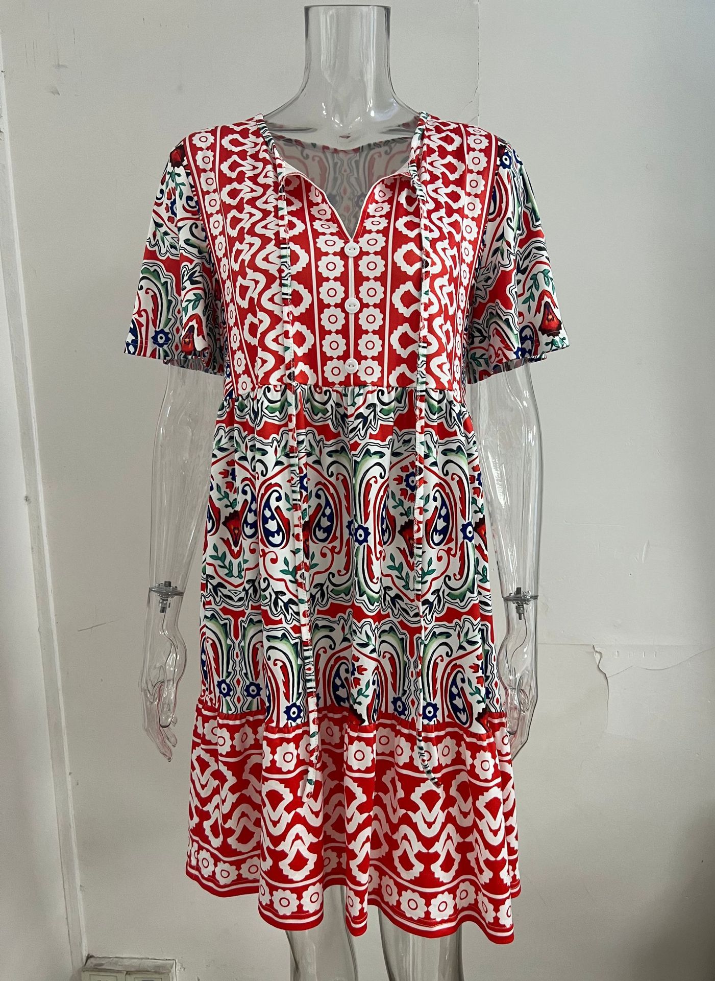 Summer Women's Dresses Fashion Office Lady Dress V-neck Printed Casual Vacation Vestidos Vintage Elegant Female's Vestido,Bohemian Print Tie Neck Ruffle Hem Women Short Dress