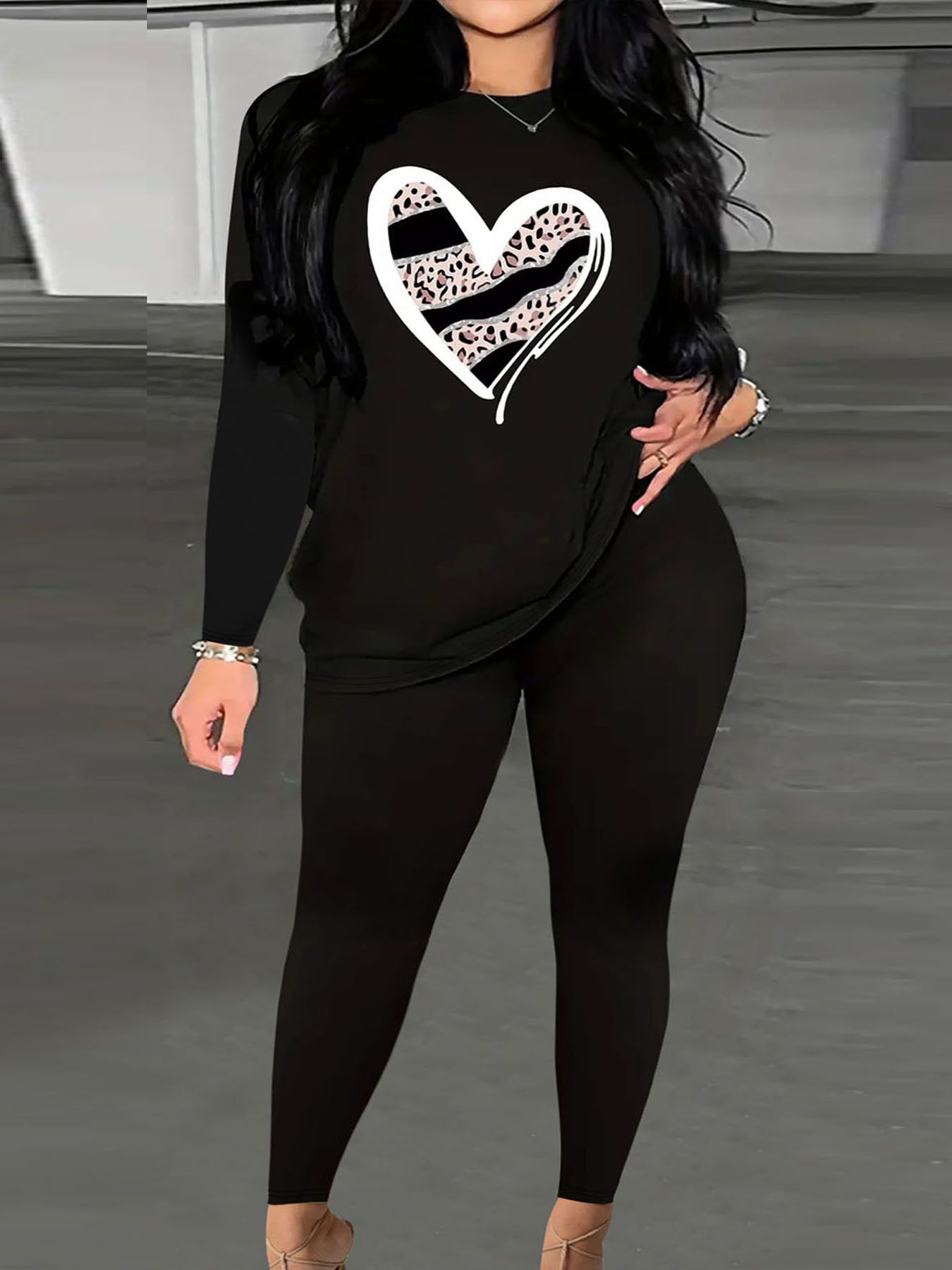 Fashion Print Wide Plus Size Women's Long Sleeve t Shirt Pants Two Piece Sets Shirt Top Pants Set for Women,Summer Women's Long Sleeve Top and Pants Set,