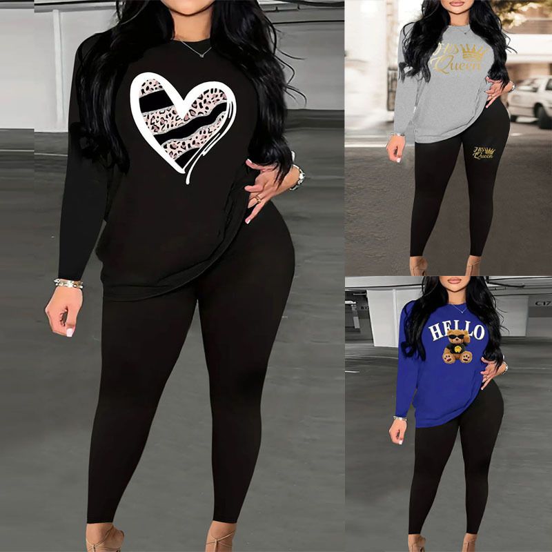 Fashion Print Wide Plus Size Women's Long Sleeve t Shirt Pants Two Piece Sets Shirt Top Pants Set for Women,Summer Women's Long Sleeve Top and Pants Set,