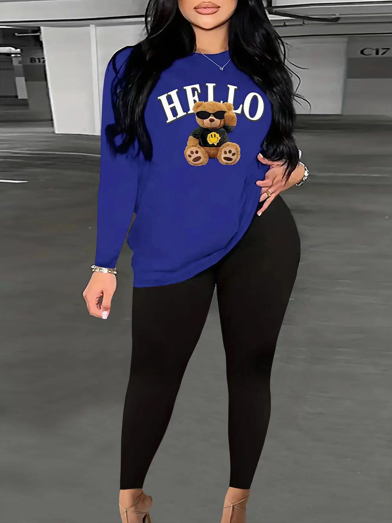 Fashion Print Wide Plus Size Women's Long Sleeve t Shirt Pants Two Piece Sets Shirt Top Pants Set for Women,Summer Women's Long Sleeve Top and Pants Set,