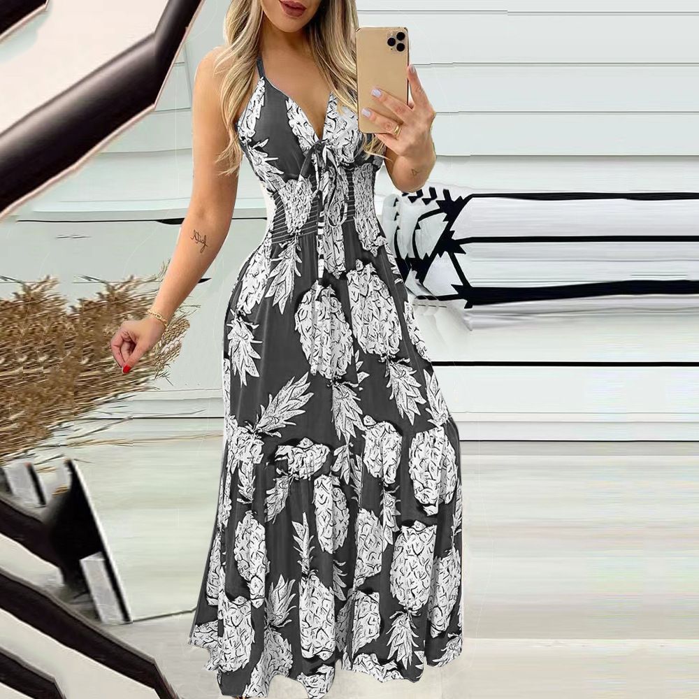 Summer Street Halter With Chest Halter V-neck Print Travel Beach Sexy Fashion Casual Dress Fashion Floral Print Halter Dress Women Vent Bohemian Beach Dress Summer Wear Dress