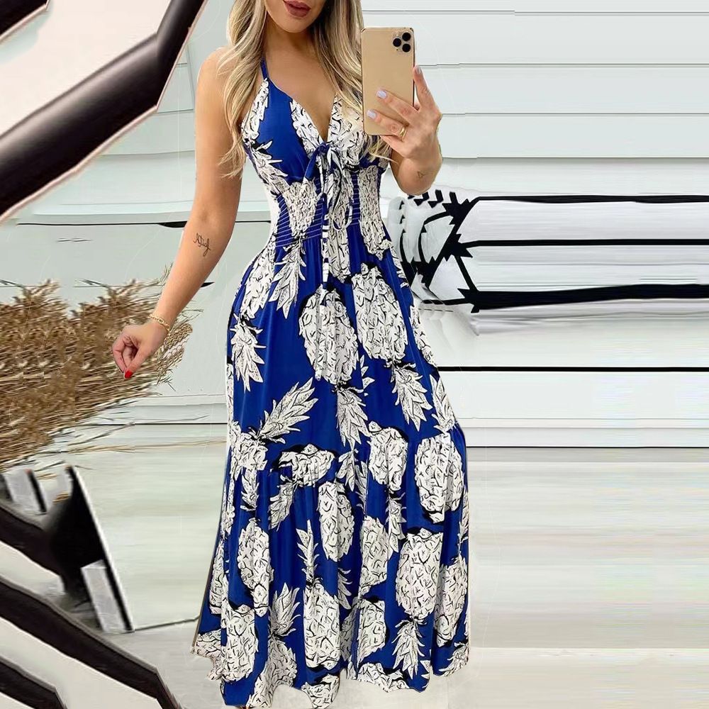 Summer Street Halter With Chest Halter V-neck Print Travel Beach Sexy Fashion Casual Dress Fashion Floral Print Halter Dress Women Vent Bohemian Beach Dress Summer Wear Dress