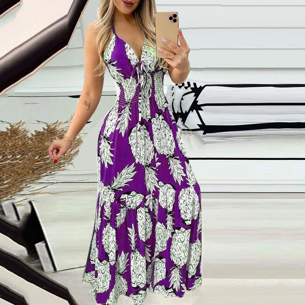 Summer Street Halter With Chest Halter V-neck Print Travel Beach Sexy Fashion Casual Dress Fashion Floral Print Halter Dress Women Vent Bohemian Beach Dress Summer Wear Dress
