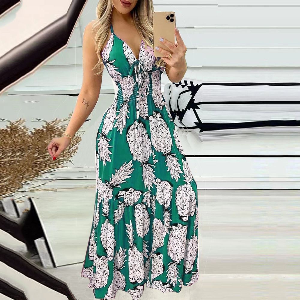Summer Street Halter With Chest Halter V-neck Print Travel Beach Sexy Fashion Casual Dress Fashion Floral Print Halter Dress Women Vent Bohemian Beach Dress Summer Wear Dress